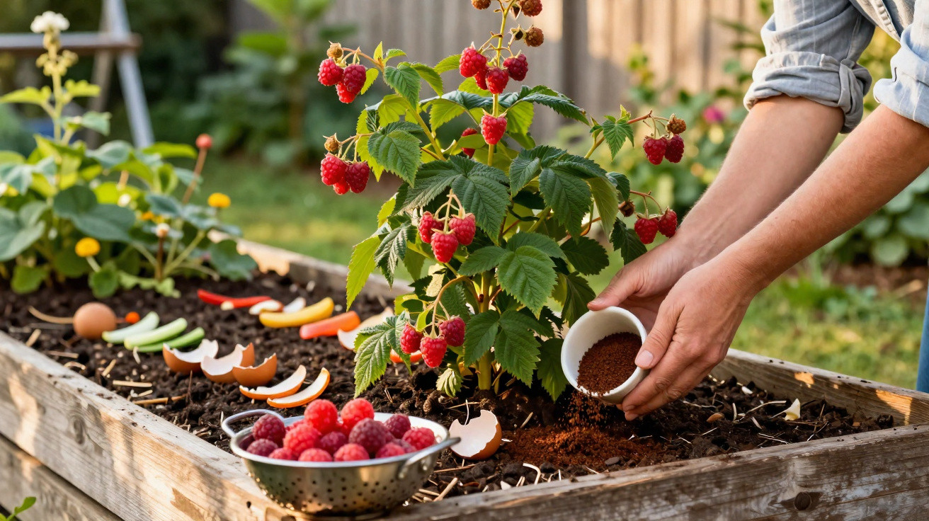 Person düngt einen Himbeerstrauch im Hochbeet mit organischem Kompost, rote Himbeeren und Eier schalen sichtbar.