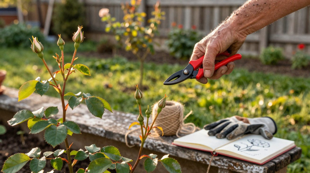Hand hält Gartenschere zum Beschneiden von Rosenknospen, Gartenhandschuhe, Faden und Skizzenbuch im Hintergrund.