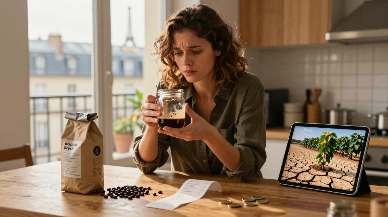 Frau sitzt in Küche mit Kaffeeglas, Kaffeebohnen und Tablet zeigt vertrockneten Boden mit Pflanze.