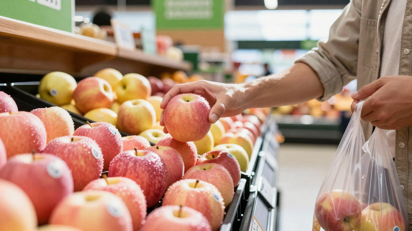 Person wählt frischen Apfel aus einem Obstregal im Supermarkt und hält Plastiktüte mit Äpfeln.