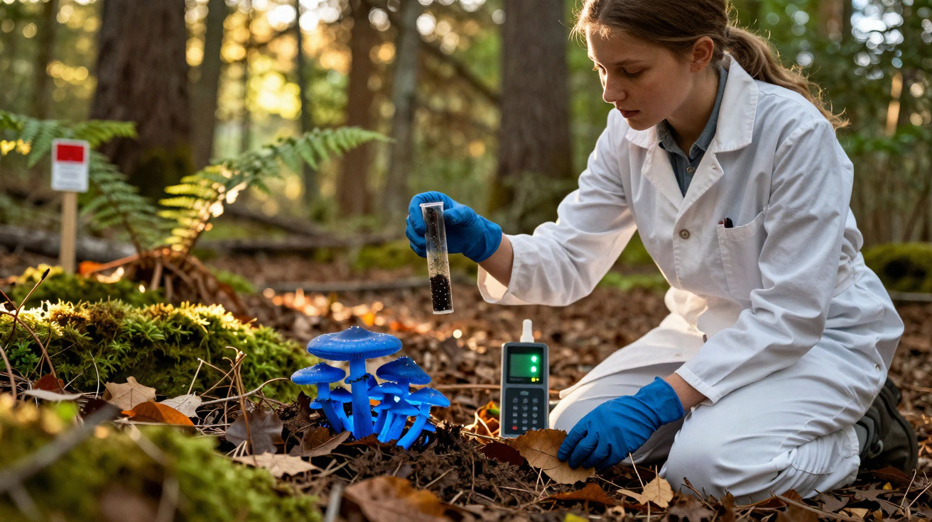 Forscherin im weißen Kittel sammelt Bodenproben neben leuchtend blauen Pilzen im Wald bei Sonnenlicht.