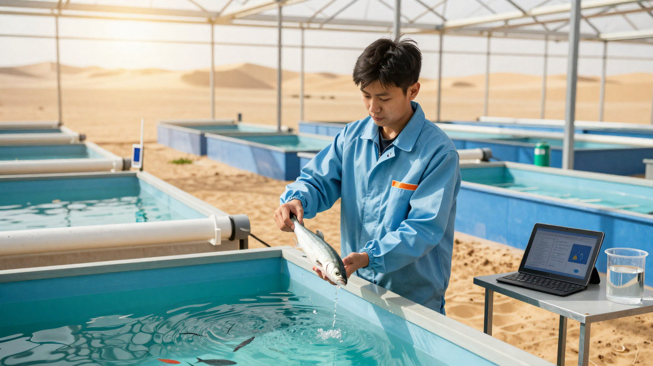 Ein Mann in Schutzkleidung hält einen Fisch über einem Becken in einer Fischzuchtanlage in der Wüste.