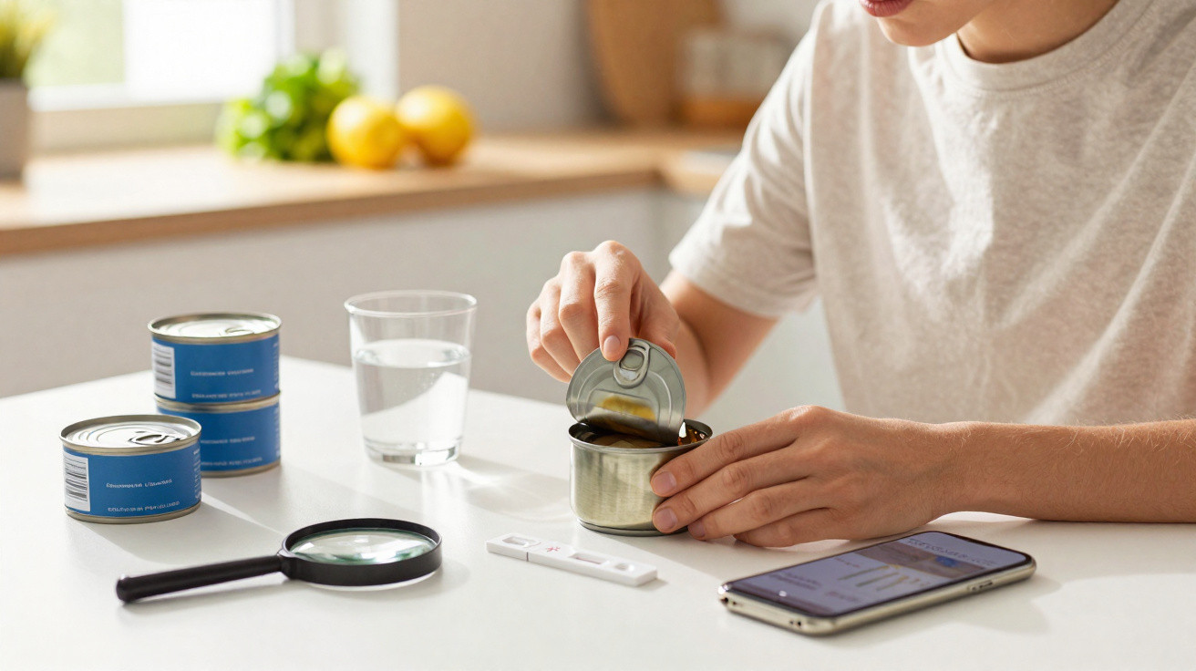 Person öffnet Dose mit Lupe, Schnelltest, Smartphone und Glas Wasser auf weißem Tisch in Küche.
