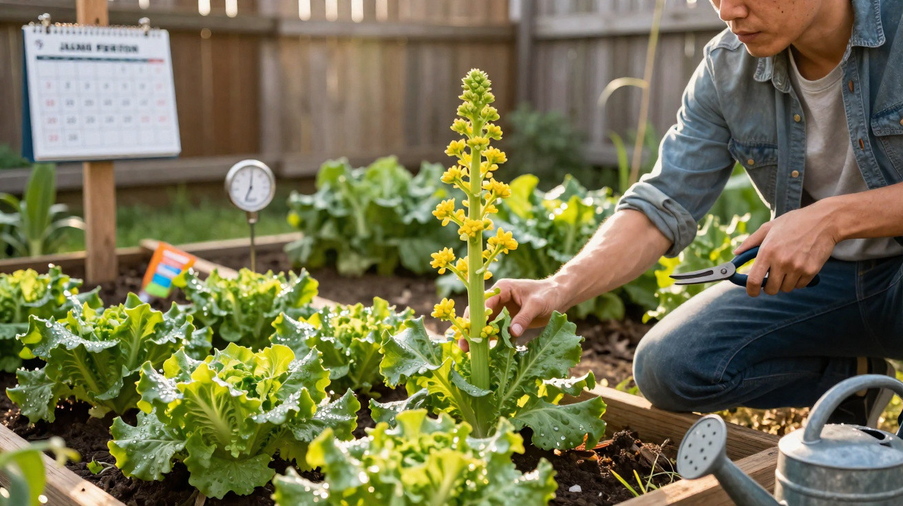 Mann schneidet gelbe Blüten an grünem Gemüse im Hochbeet im Garten mit Gartenschere.