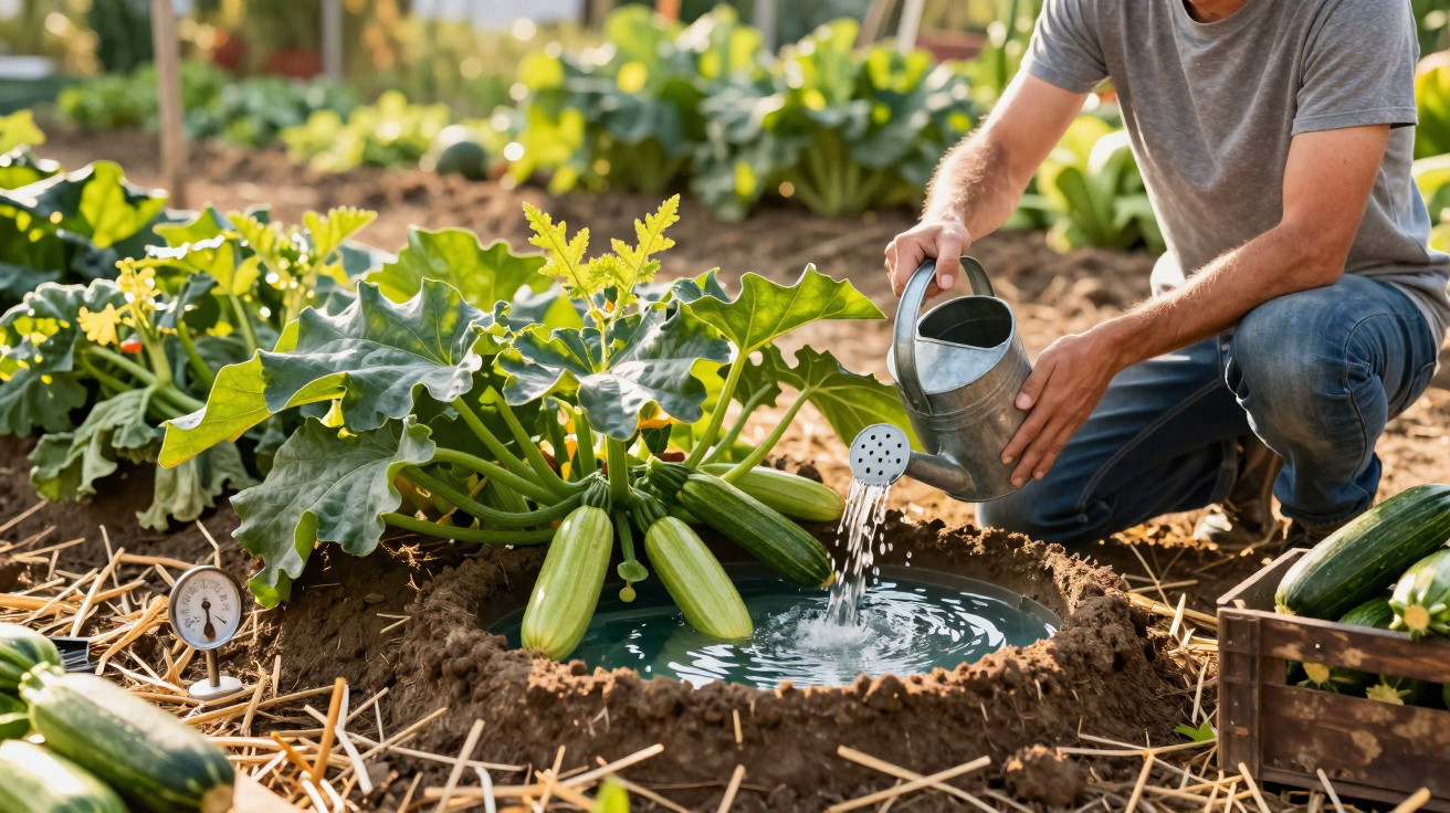 Person gießt Wasser aus einer Gießkanne in eine Mulde neben wachsenden Zucchinipflanzen im Garten.
