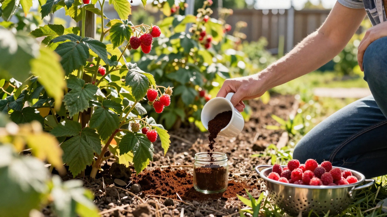 Mann gießt Kaffeesatz als Dünger neben Himbeersträuchern, Schale mit Himbeeren neben ihm im Garten.