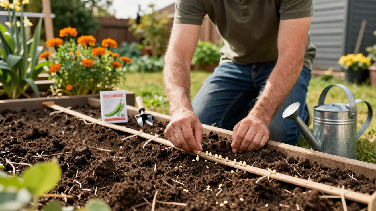 Person pflanzt Samen in ein Hochbeet im Garten, Bewässerungskanne und Blumen im Hintergrund sichtbar.
