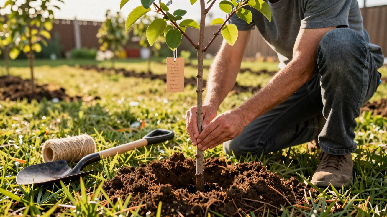 Mann pflanzt jungen Baum in frisch umgegrabene Erde, Schaufel und Gartenschnur liegen daneben.