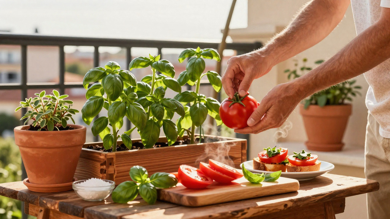 Person legt frische Tomate auf Holzbrett neben Basilikumtopf auf Balkon bei Sonnenlicht.