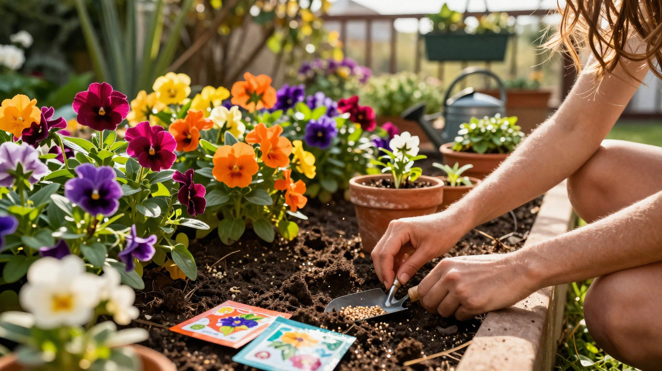 Frau pflanzt bunte Stiefmütterchen in Beeterde im Garten mit Gartenschaufel und Samenpäckchen.