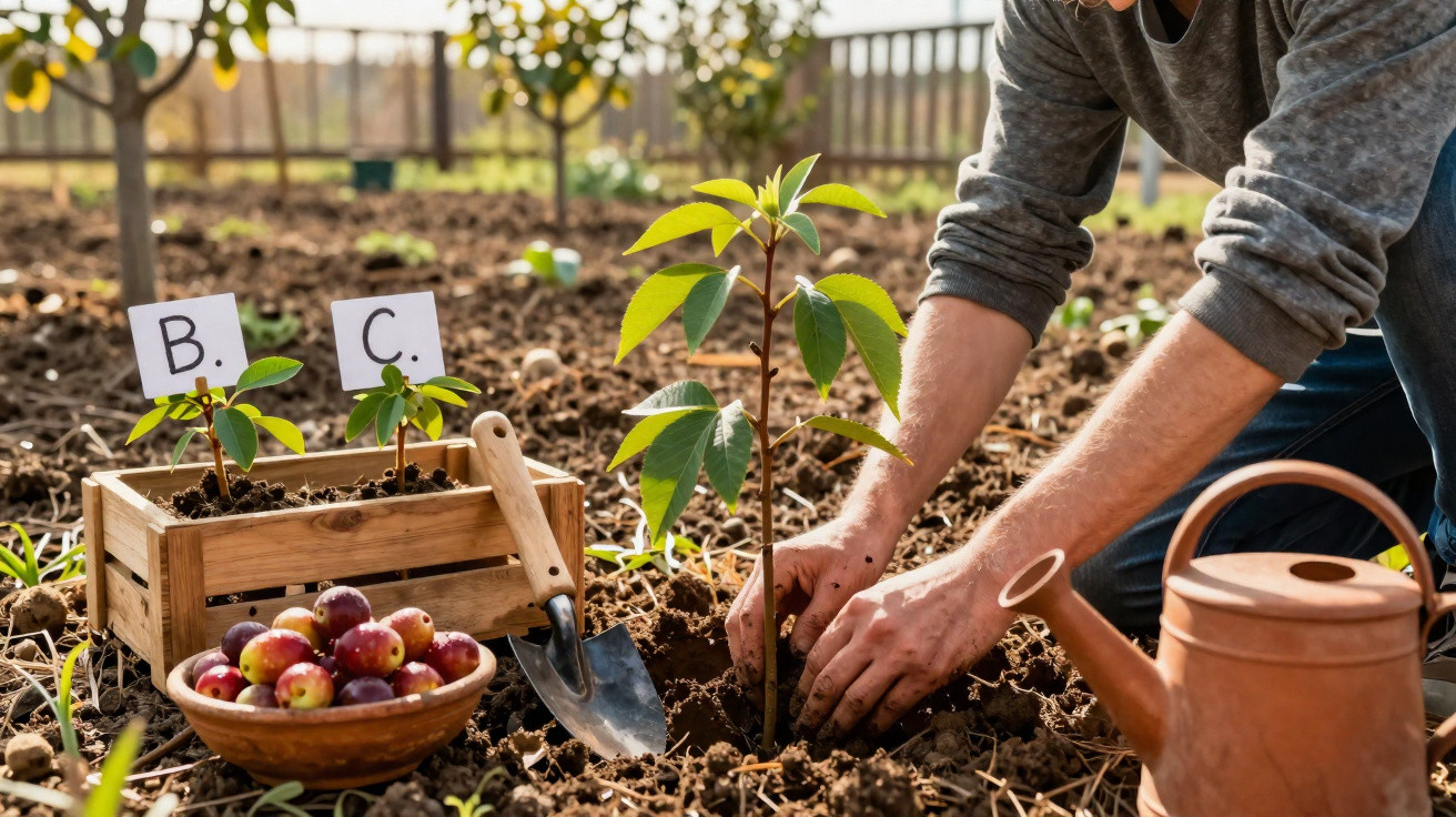 Person pflanzt jungen Baum in fruchtbaren Gartenboden, daneben Obstschale und Gießkanne.