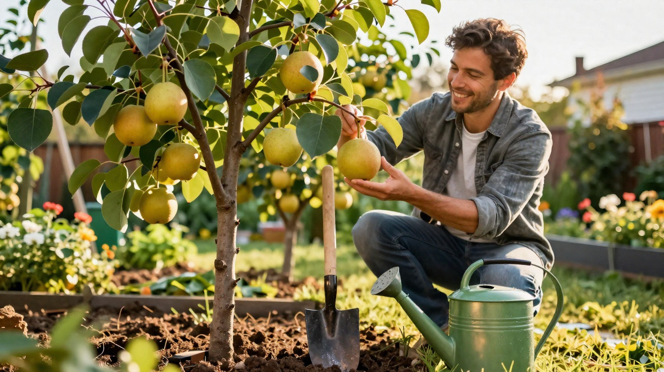 Mann erntet reife Birnen von Baum im Garten, daneben Schaufel und Gießkanne auf Boden.