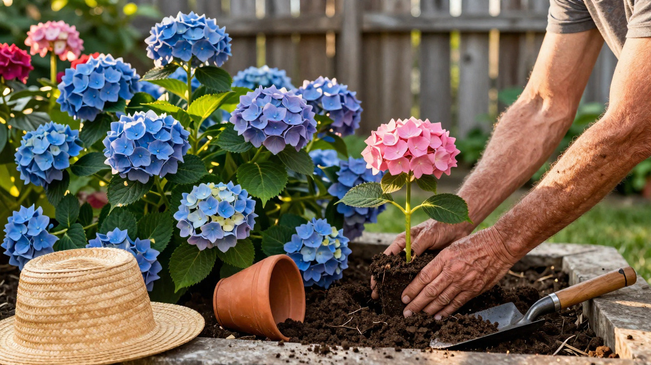 Person pflanzt rosa Hortensie in Gartenbeet, umgeben von blauen Hortensien und Gartengeräten.
