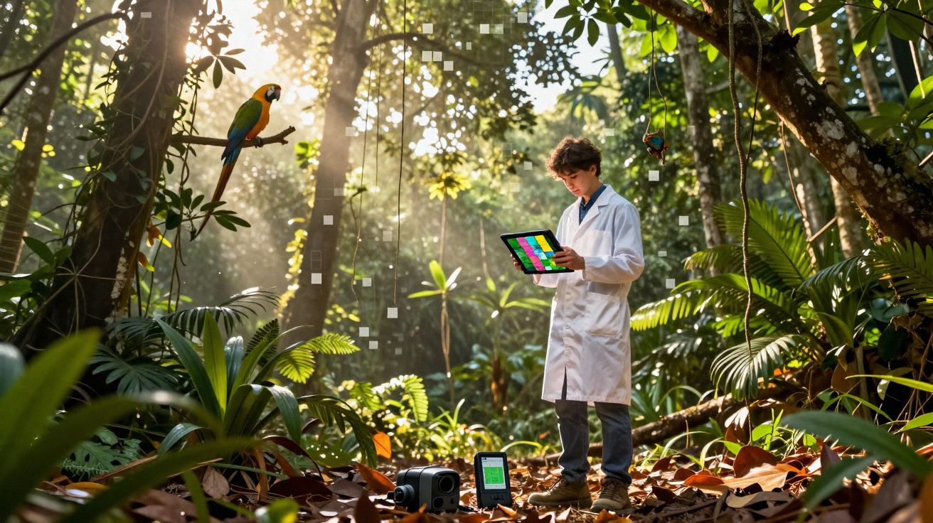 Ein Wissenschaftler im weißen Kittel analysiert Daten auf einem Tablet im sonnendurchfluteten Dschungel mit Papagei.