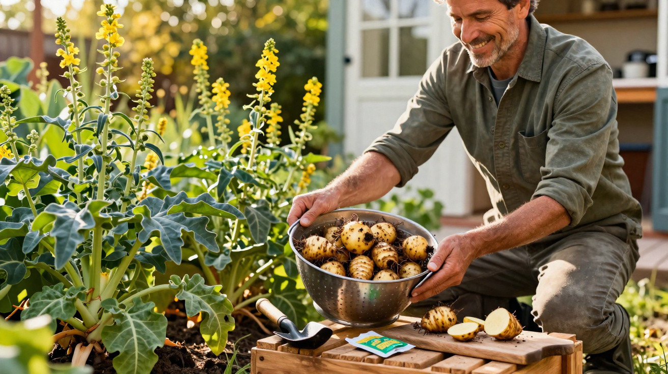 Mann erntet frische Kartoffeln in einem Garten an sonnigem Tag mit grünen Pflanzen und Werkzeugen.