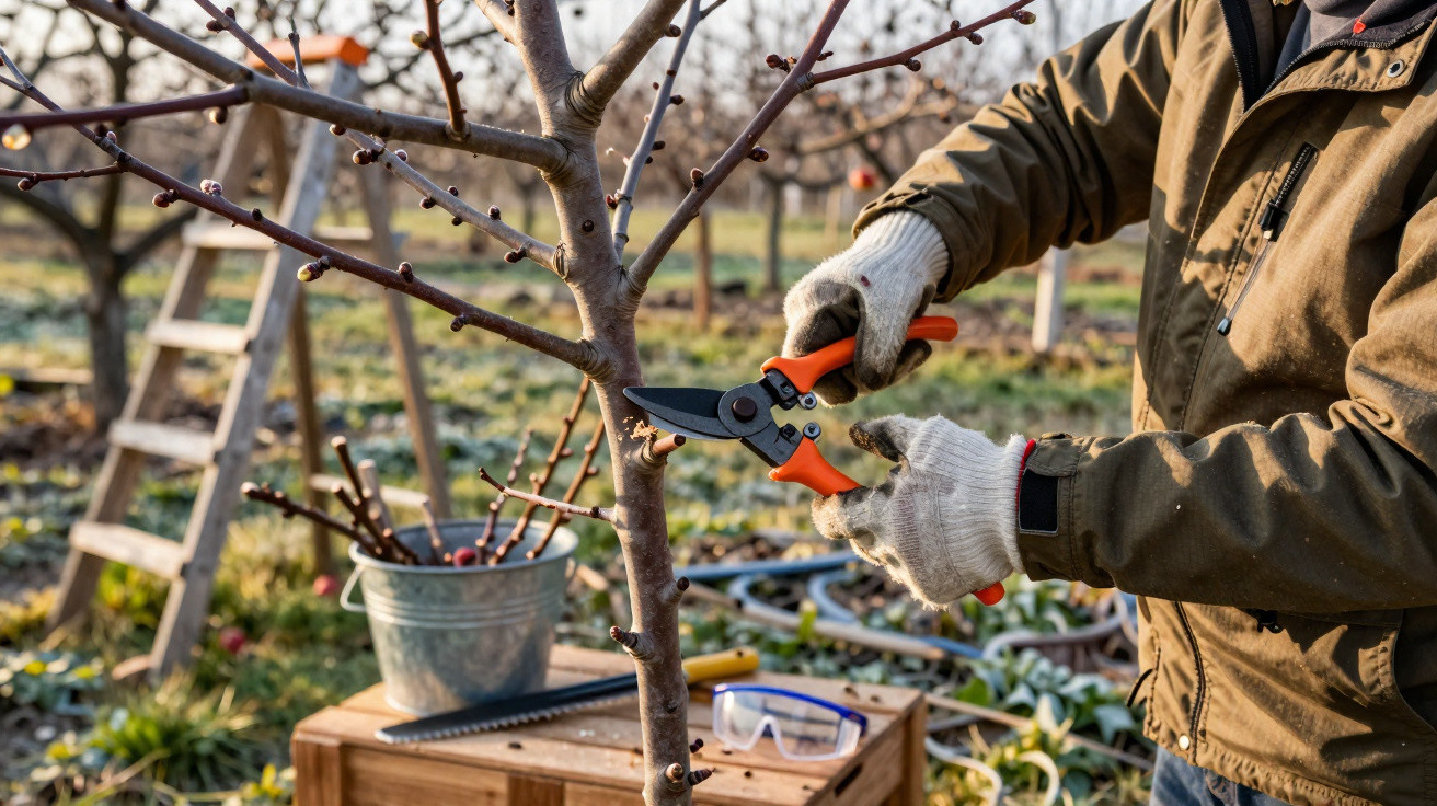 Person schneidet Obstbaumzweig mit Gartenschere in einem Obstgarten im Winter zurück.