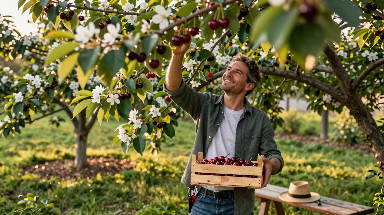 Mann erntet reife Kirschen an blühendem Kirschbaum in sonniger Obstplantage mit Holzkiste in der Hand.