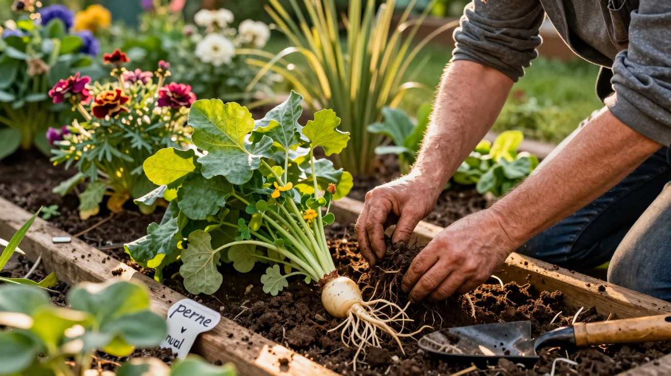 Mensch erntet eine weiße Rübe aus dem Hochbeet, umgeben von bunten Blumen und grünem Laub.