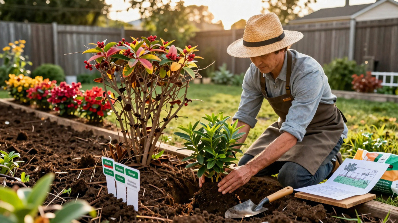 Mann mit Strohhut pflanzt Setzling in Gartenbeet, umgeben von Blumen bei Sonnenuntergang.