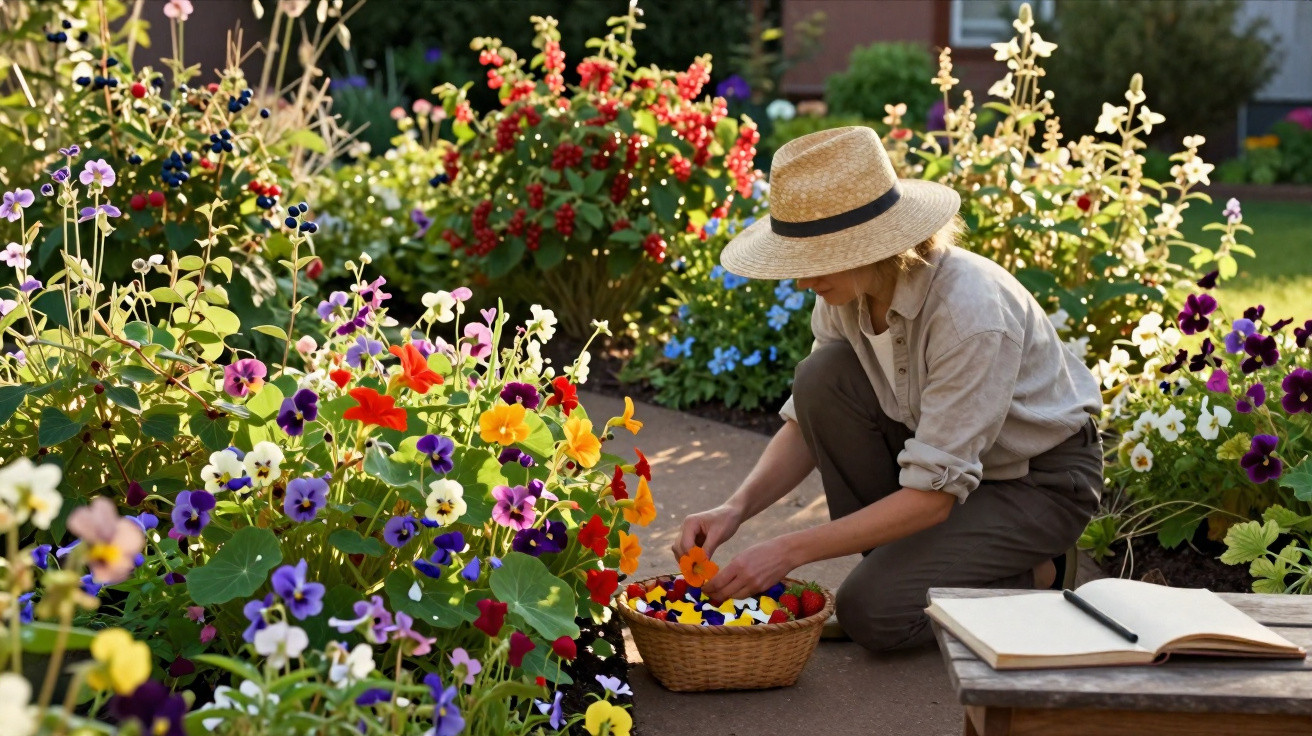 Frau mit Strohhut pflückt bunte Blumen in einem blühenden Garten an einem sonnigen Tag.