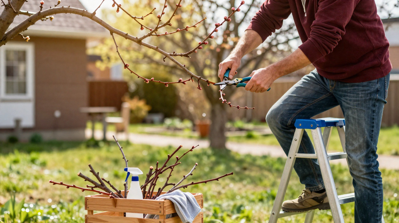 Person auf Leiter schneidet im Garten mit Gartenschere Äste eines blühenden Baumes zurück.