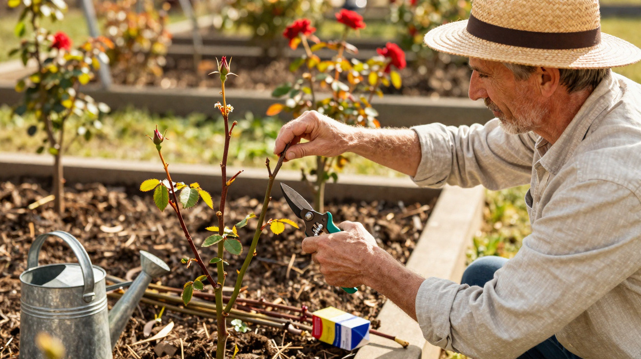 Älterer Mann mit Strohhut schneidet Rosenstrauch in einem sonnigen Gartenbeet mit Gartenschere.