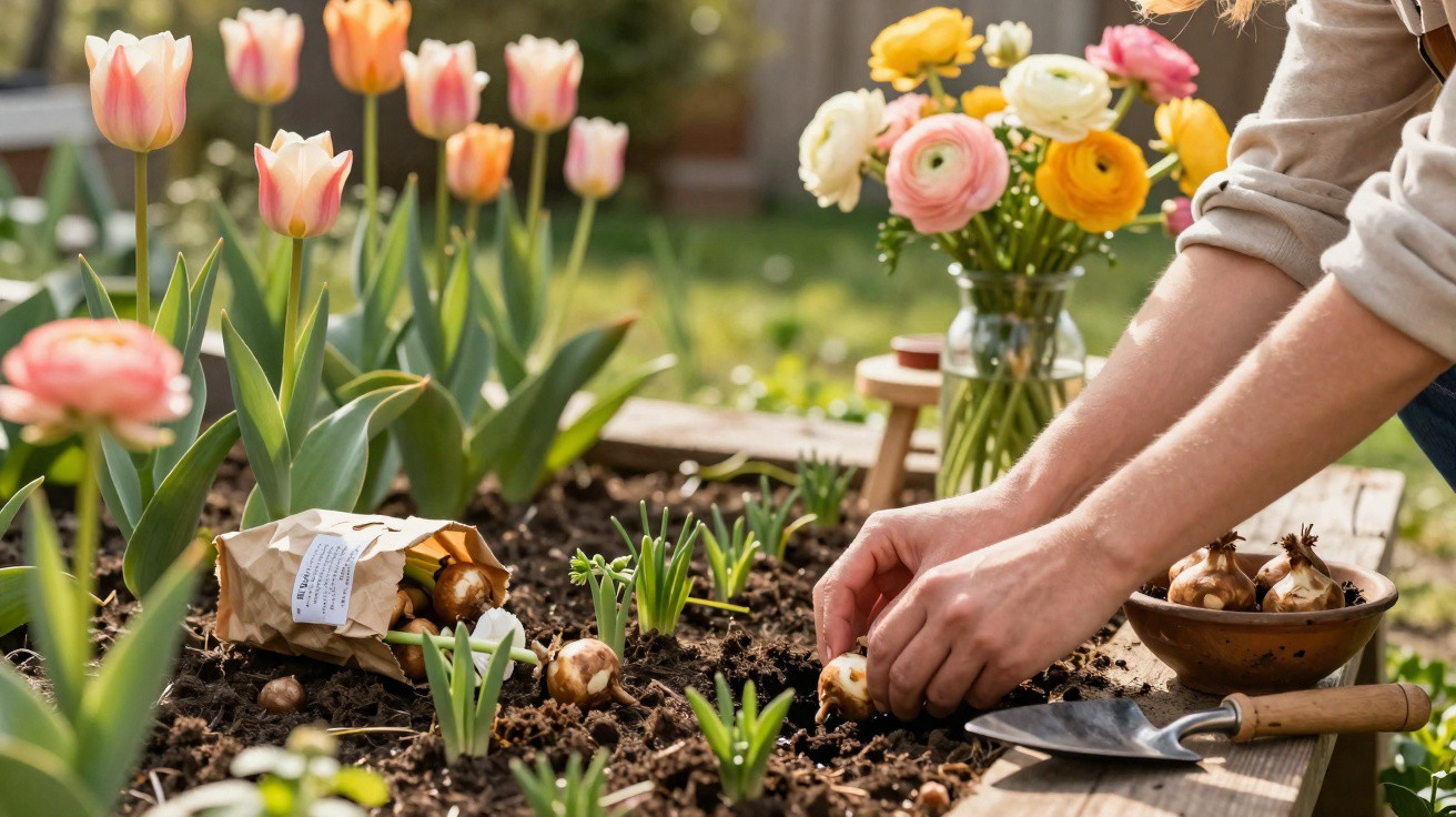 Person pflanzt Blumenzwiebeln in einem Beet mit Tulpen und bunten Blumen im Hintergrund.