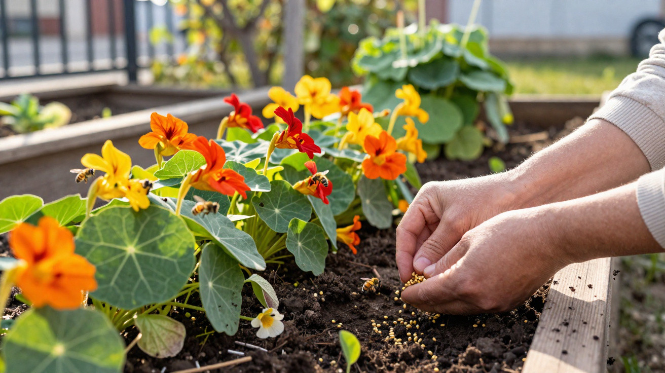 Hände säen Samen in ein Beet mit bunten Kapuzinerkresseblüten und anfliegenden Bienen.