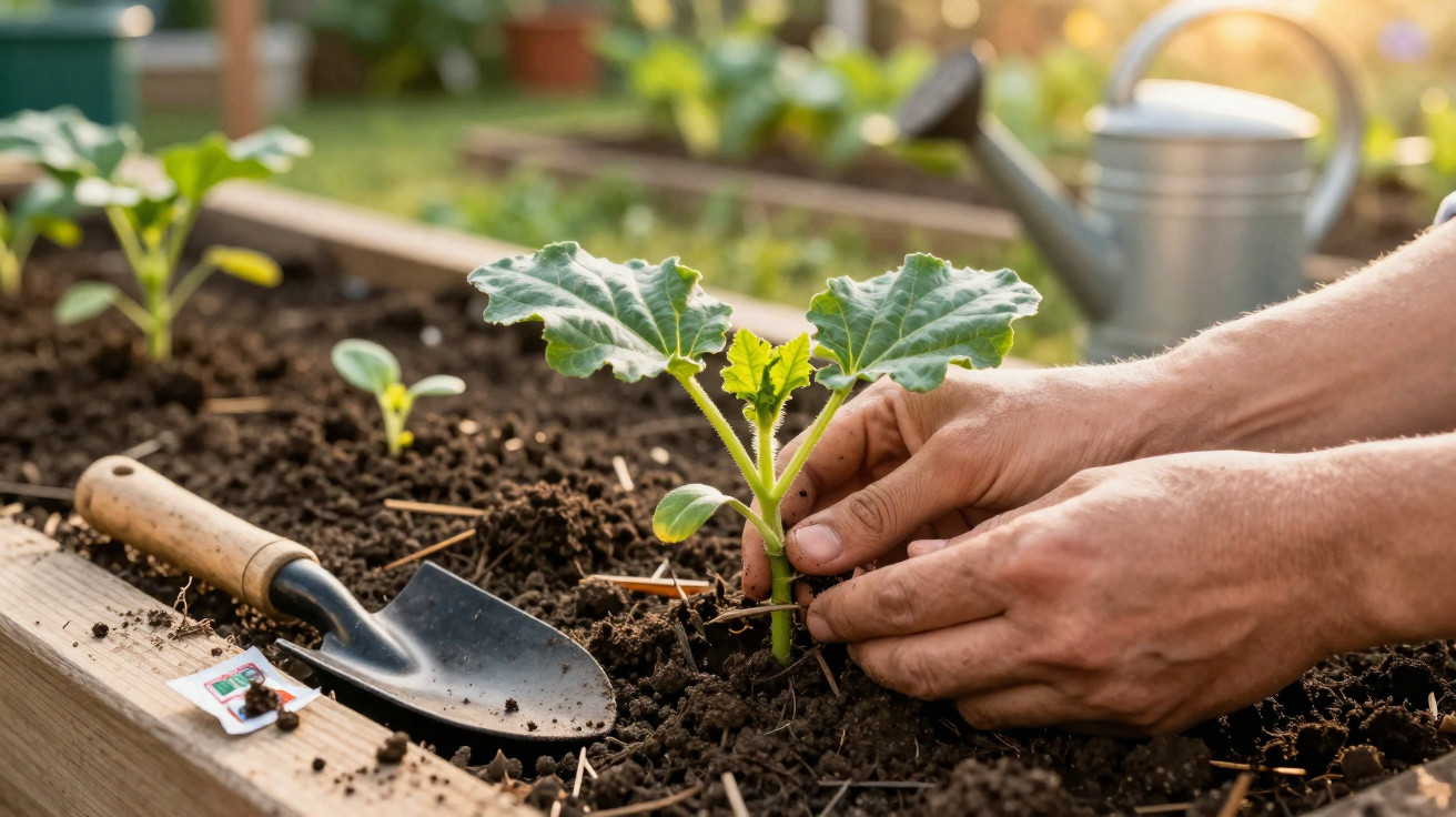 Hände pflanzen junge Pflanze in Hochbeet mit Gartenschaufel und Gießkanne im Hintergrund.