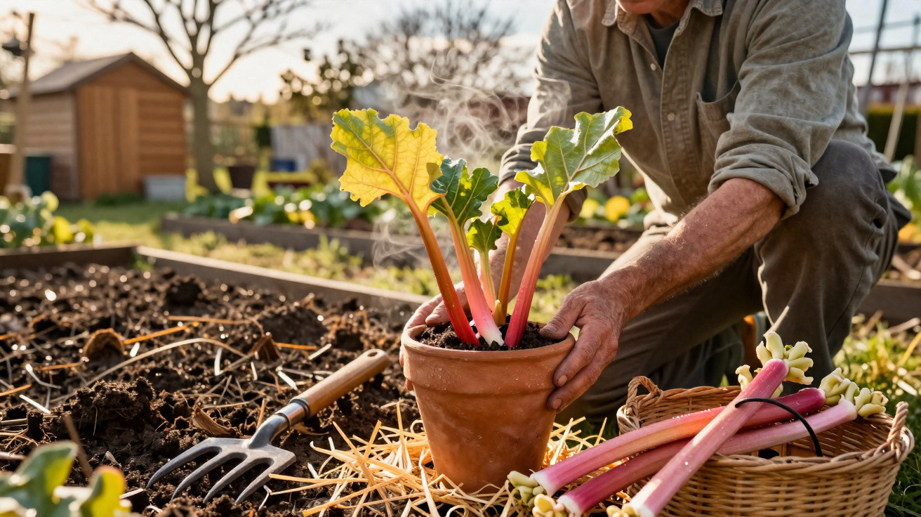 Person pflanzt Rhabarbersetzling in Topf im Garten, neben Korb mit frischem Rhabarber und Gartenhacke.