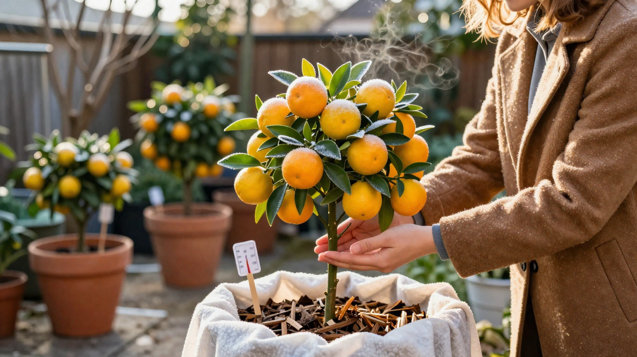 Frau hält gefrorene Orangen an einem kleinen Orangenbaum in Topf draußen bei Sonnenlicht.