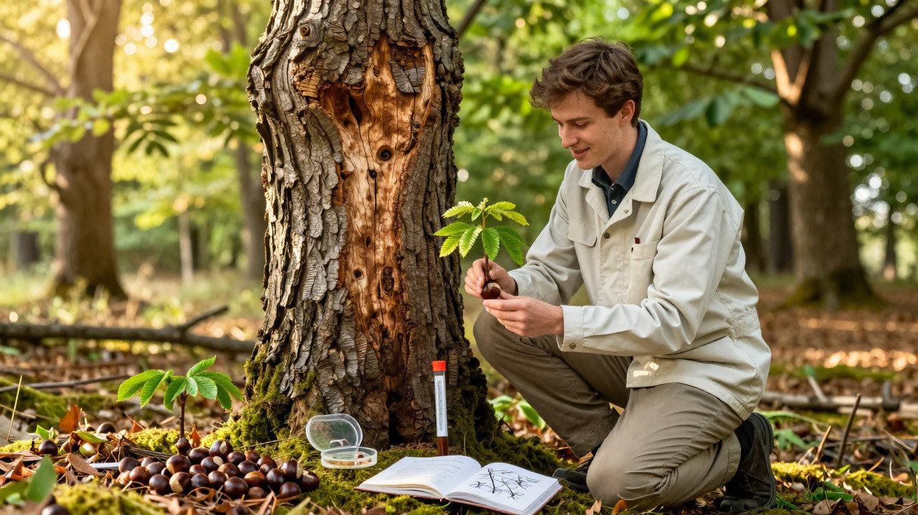 Junger Mann untersucht im Wald eine Kastanienpflanze neben einem Baumstamm mit geöffnetem Buch und Proben.