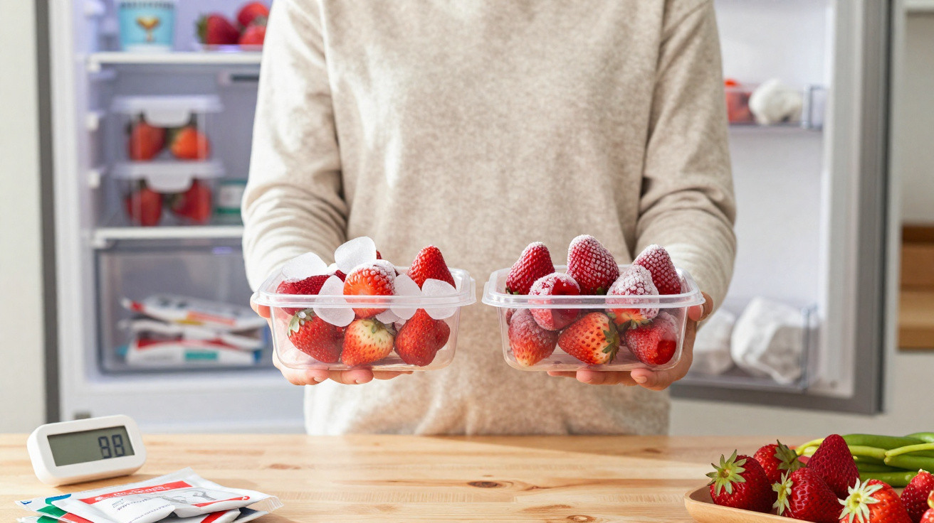 Person hält zwei Schalen mit frischen und gefrorenen Erdbeeren vor einem geöffneten Kühlschrank.