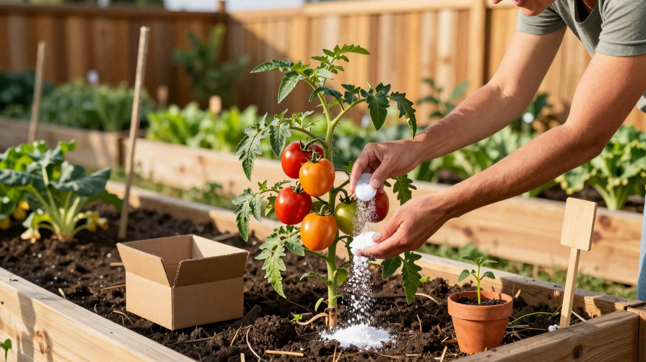 Person gibt Nährstoffpulver auf eine Tomatenpflanze in einem Hochbeet im Garten bei Sonnenschein.