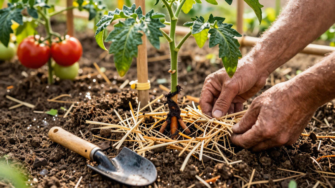 Hände, die Stroh um einen Tomatenpflanzenstamm im Garten zur Mulchpflege legen, daneben eine Gartenschaufel.