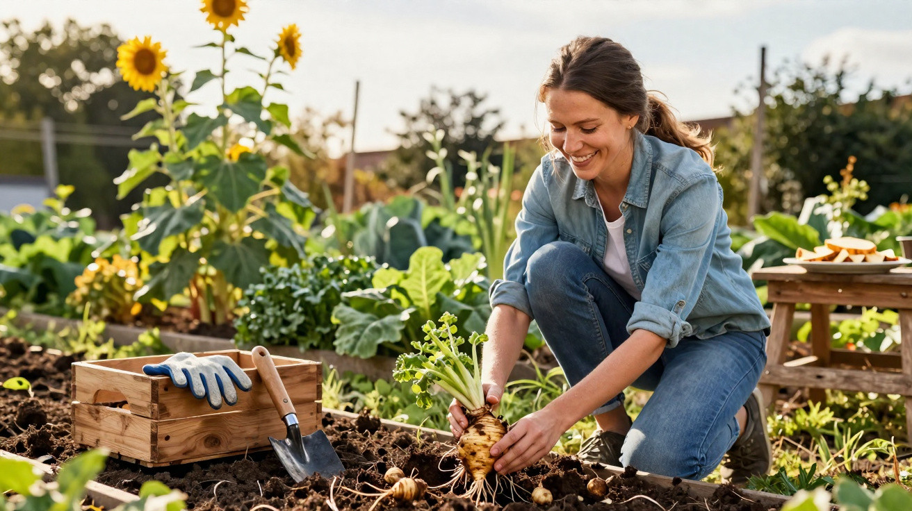 Eine Frau erntet im Garten bei Sonnenlicht frisches Gemüse, umgeben von Sonnenblumen und Pflanzen.