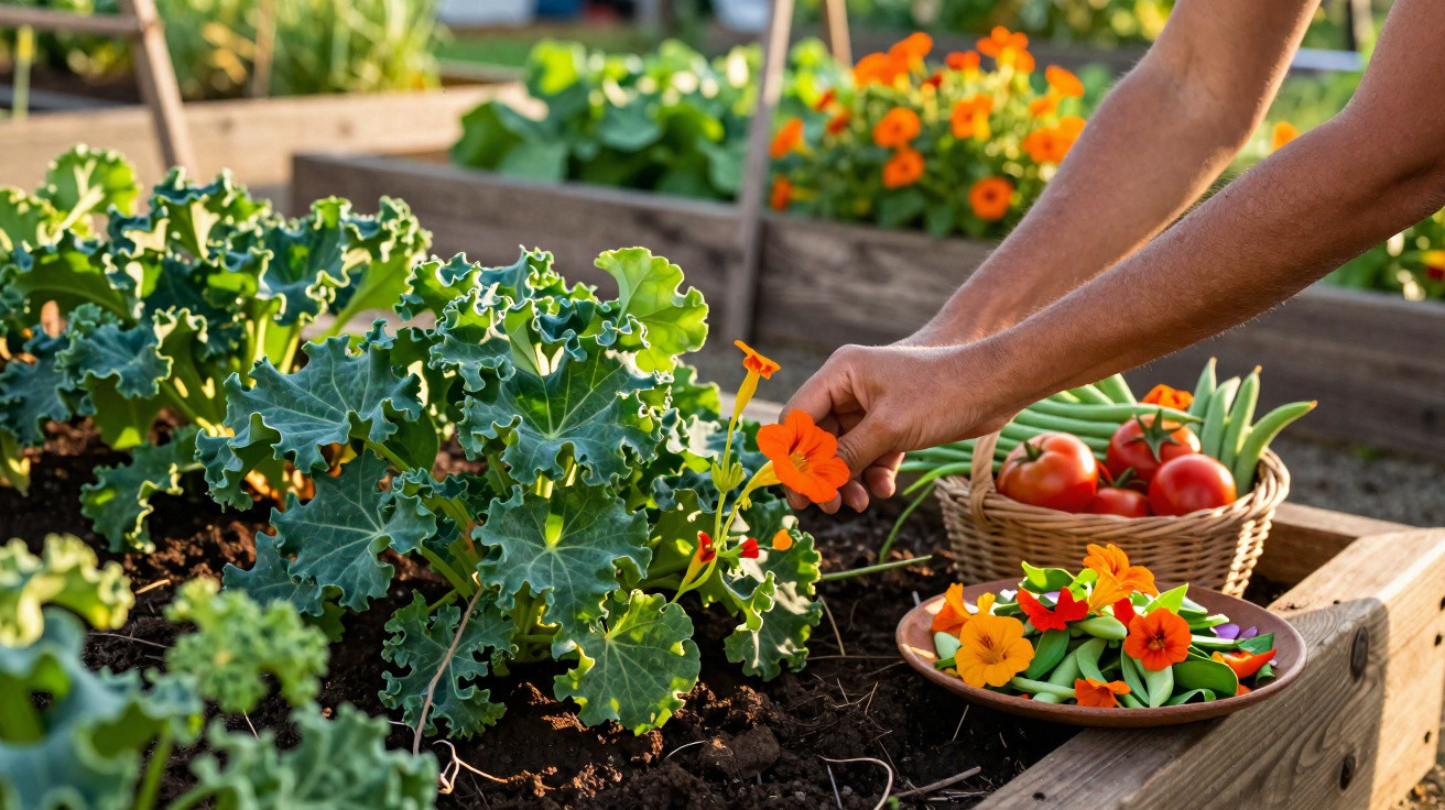Person pflückt essbare Blume im Hochbeet, daneben Teller mit Gemüse und Korb mit Tomaten.