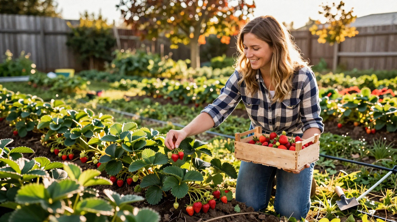 Frau im Freien erntet Erdbeeren in einem Garten bei sonnigem Wetter, trägt kariertes Hemd und Jeans.