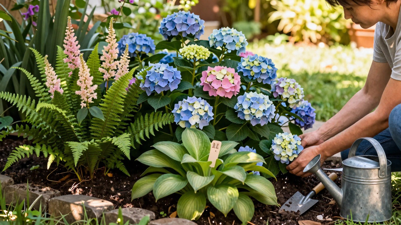 Frau gießt und pflegt bunte Hortensien und andere Pflanzen im Gartenbeet bei sonnigem Wetter.