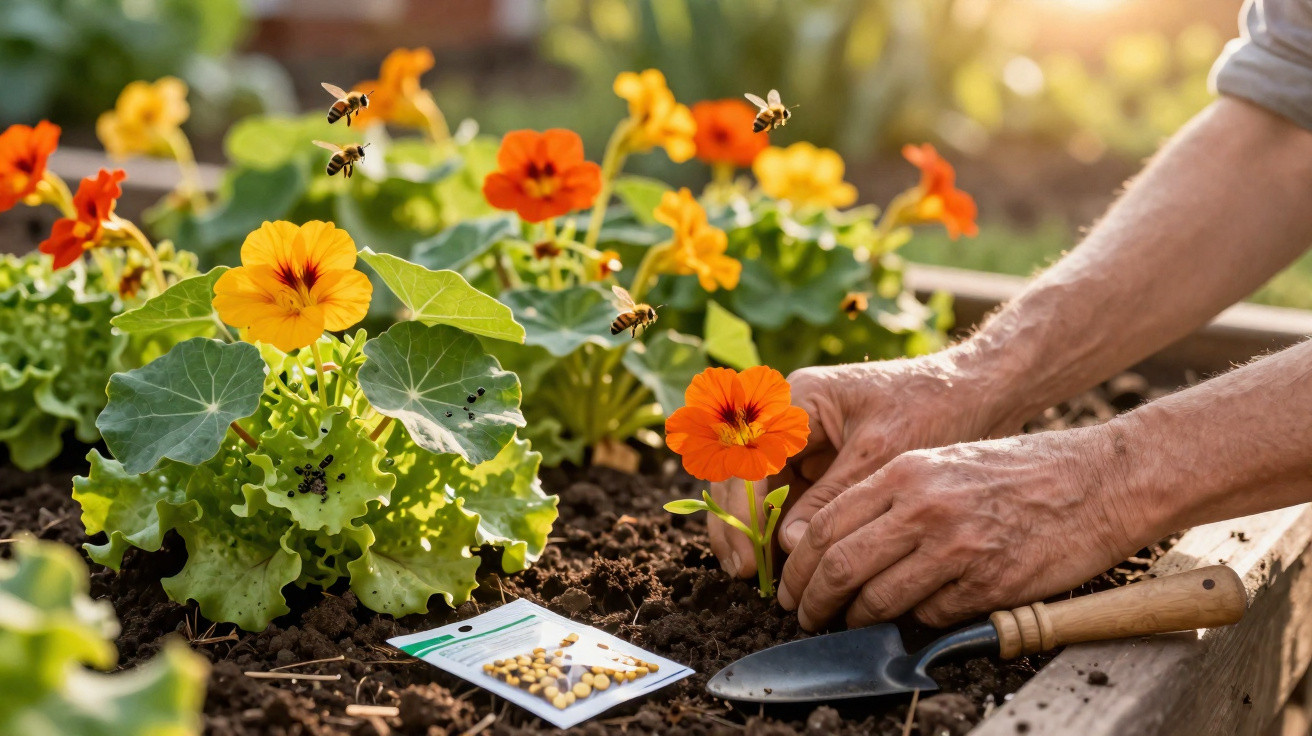 Hände pflanzen orange Blüten in Beet mit Erde, Bienen fliegen, Samenpäckchen und Gartenschaufel liegen daneben.