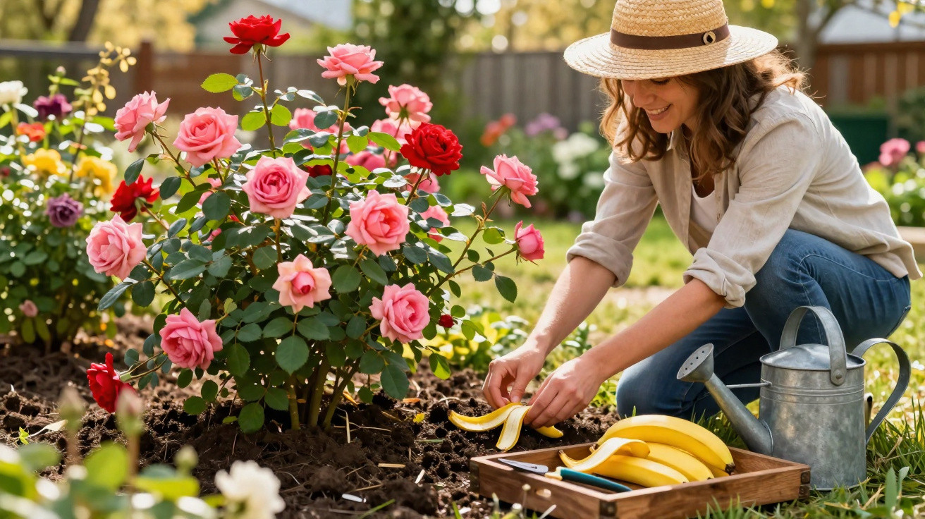 Frau mit Strohhut gießt Rosen im Garten und schält eine Banane, neben Gießkanne und Werkzeugkasten.