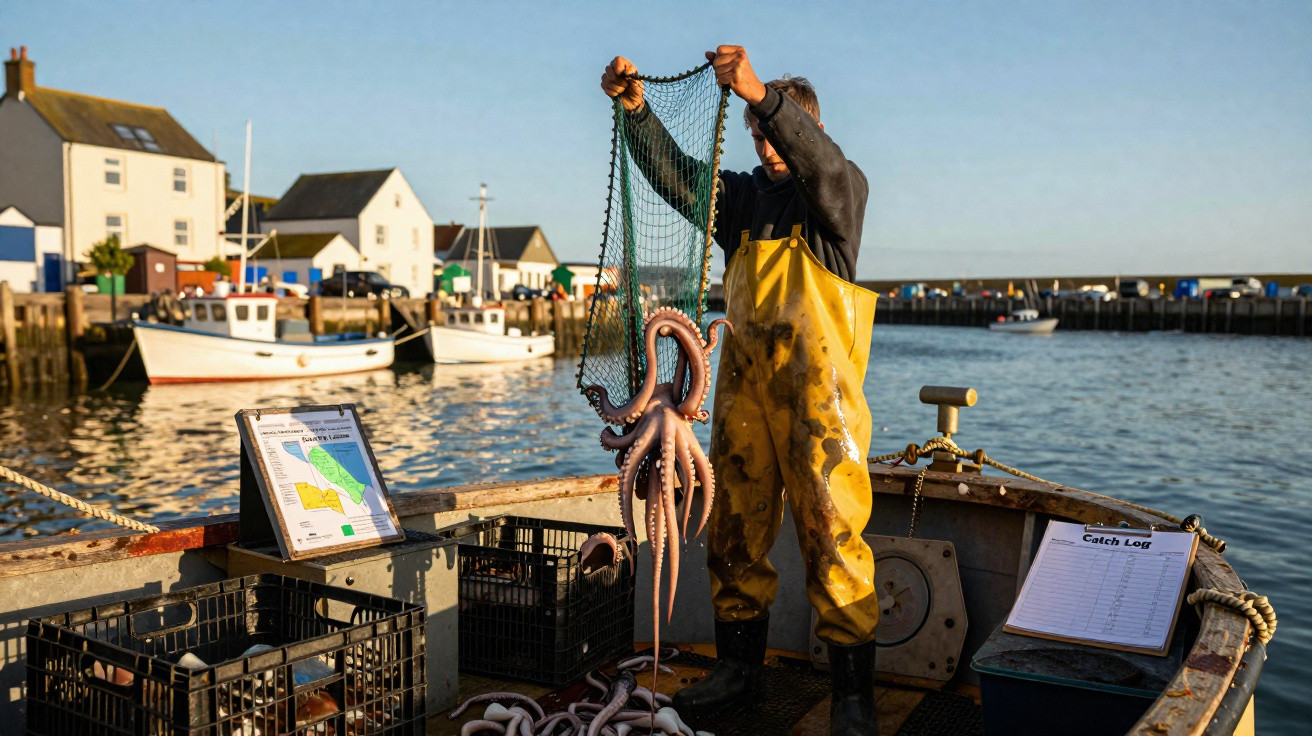 Fischer auf Boot zieht einen großen Oktopus aus dem Fangnetz im Hafen bei klarem Wetter.