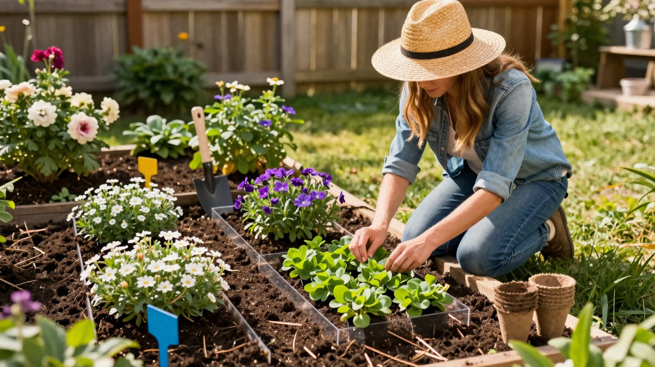 Frau mit Strohhut und Jeansjacke beim Pflanzen von Setzlingen in einem Beet im Garten.