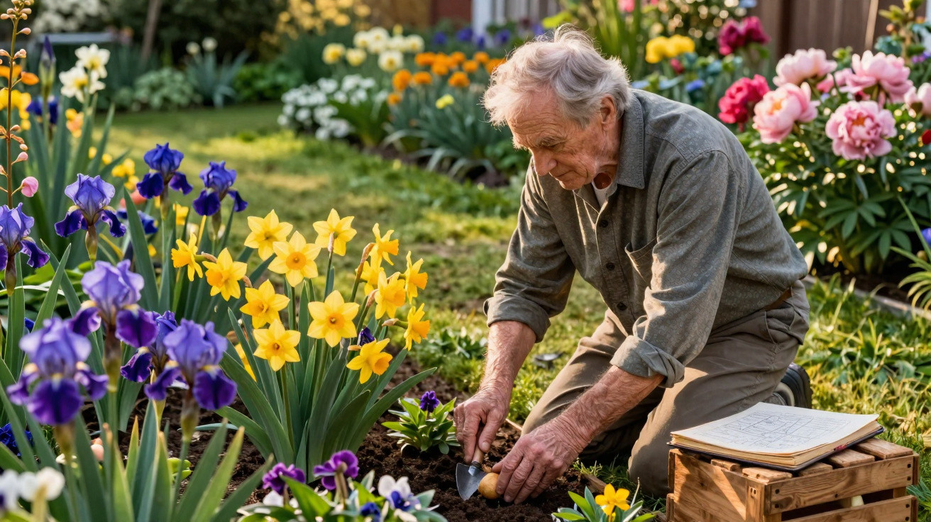 Älterer Mann kniet im Garten und pflanzt Blumenzwiebeln umgeben von bunten Frühlingsblumen.