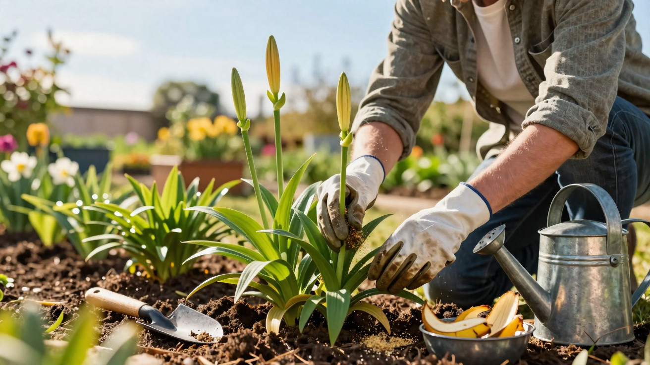 Person pflanzt Lilien mit Gartenhandschuhen im Beet, daneben Gießkanne und Schaufel im sonnigen Garten.