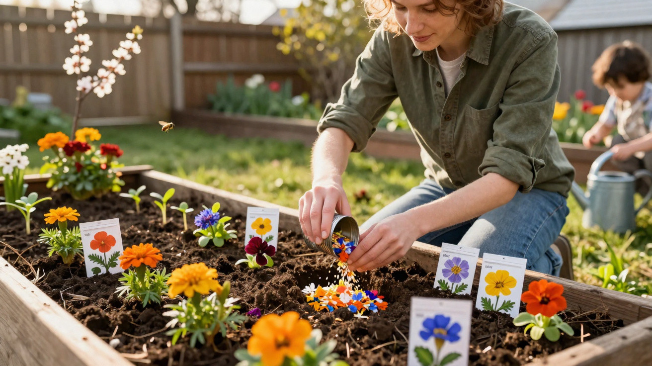 Frau sät Blumen in ein Hochbeet im Garten, im Hintergrund gießt ein Kind Pflanzen.