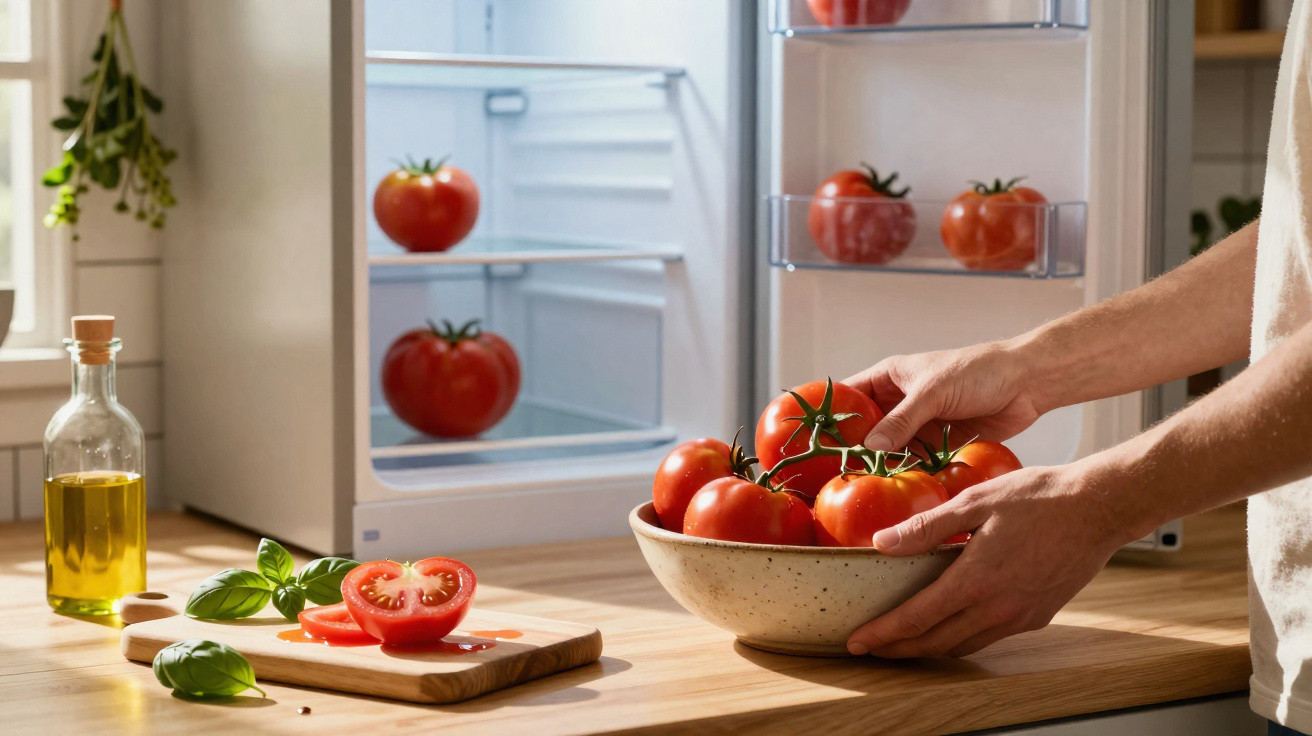 Person legt frische Tomaten aus einer Schale vor einem geöffneten Kühlschrank auf eine Küchenarbeitsplatte.