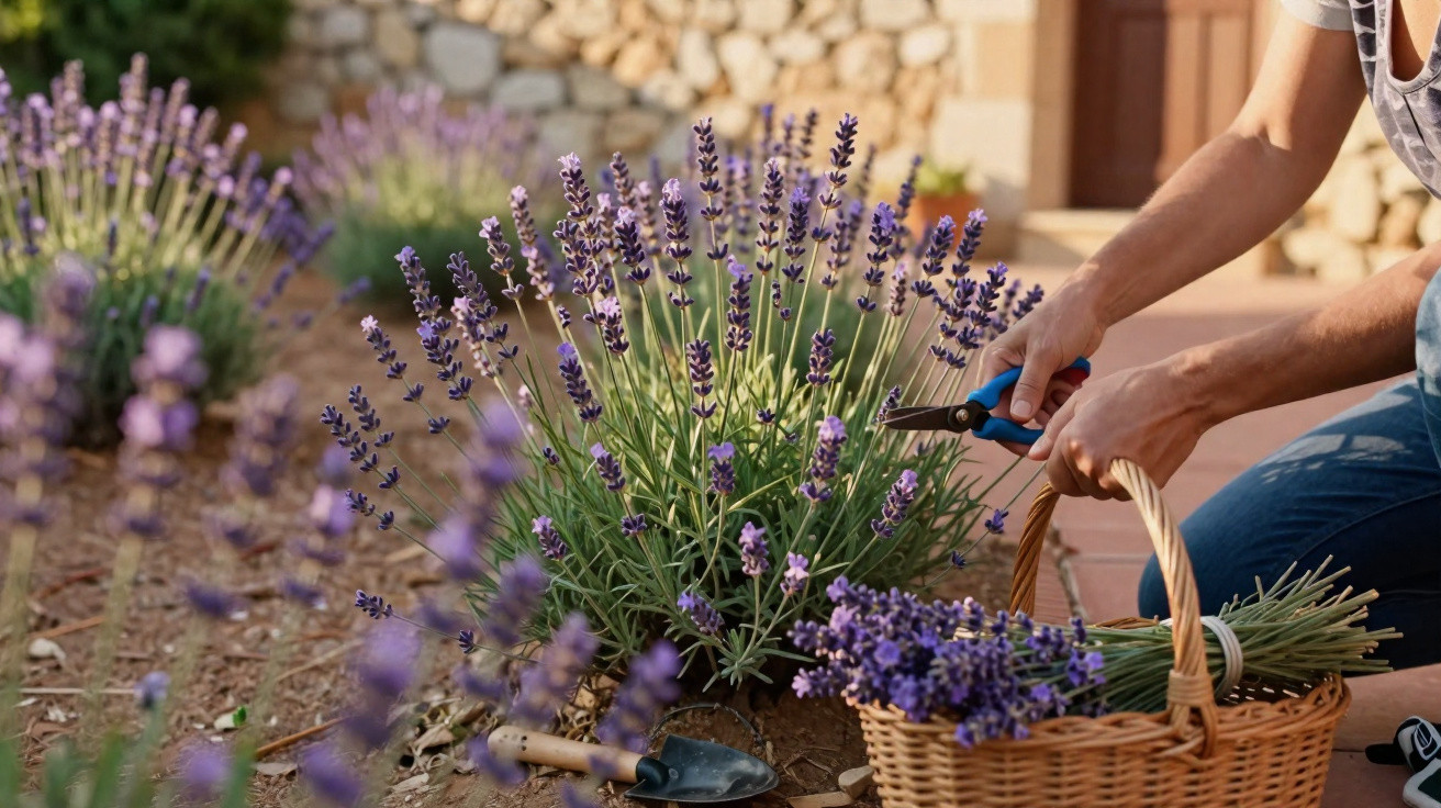 Person erntet Lavendelblüten im Garten mit Gartenschere und geflochtenem Korb.