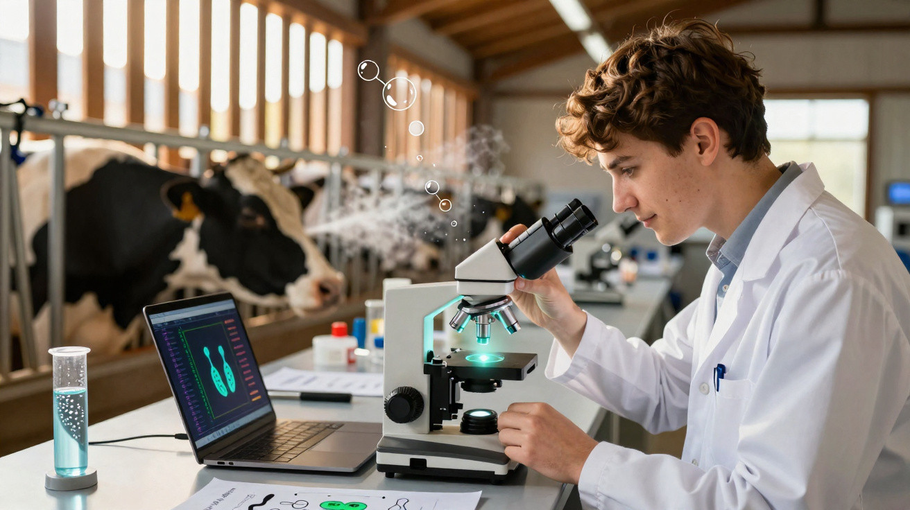 Junger Wissenschaftler im Labor untersucht Probe unter Mikroskop, Kuh im Hintergrund sichtbar.