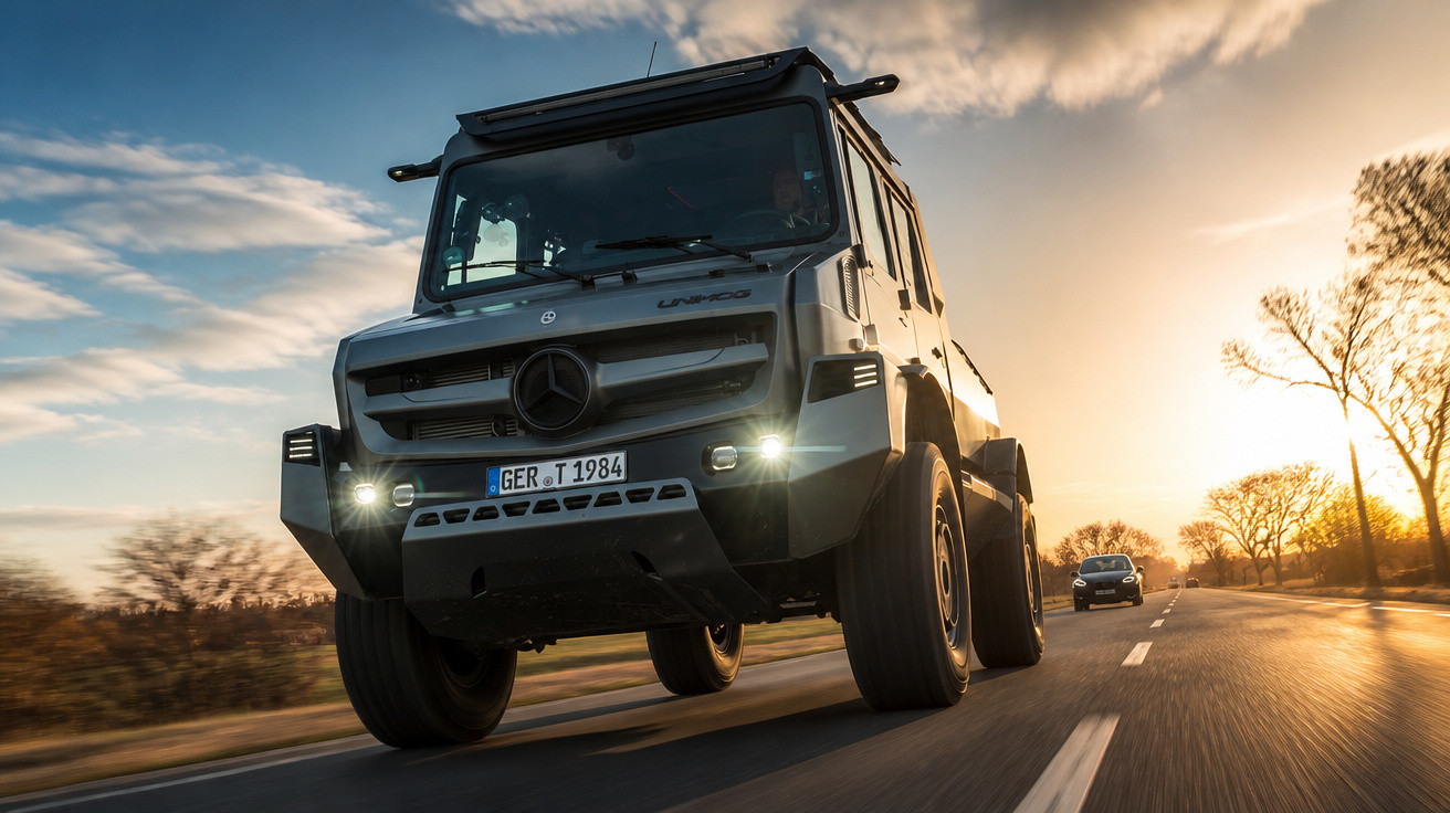 Mercedes-Benz Unimog fährt bei Sonnenuntergang auf Landstraße, kleineres Auto im Hintergrund sichtbar.